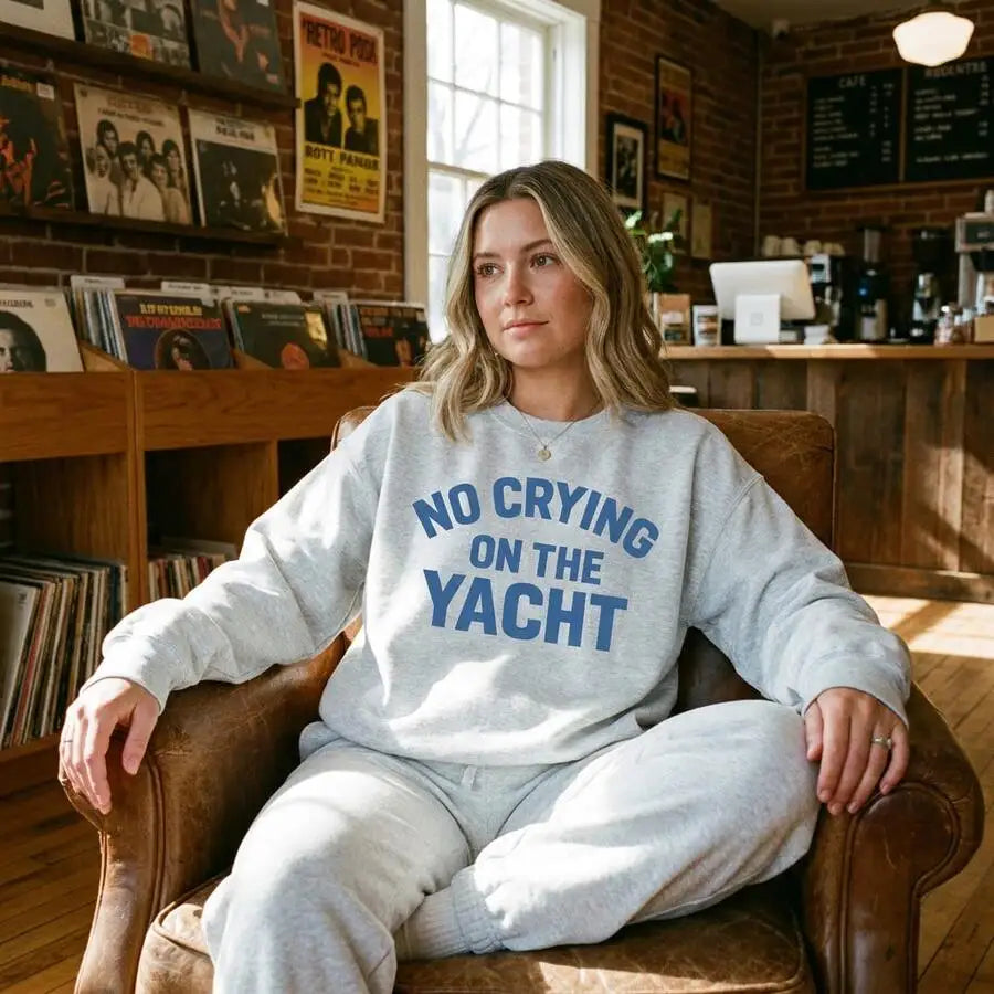 Oversized Crewneck Sweatshirt, Retro Millennium‑Style "No Crying On The Yacht" Lake Life Graphic Print Pullover, Cute Long‑Sleeve Tops For Summer Fall Women Daily Wear