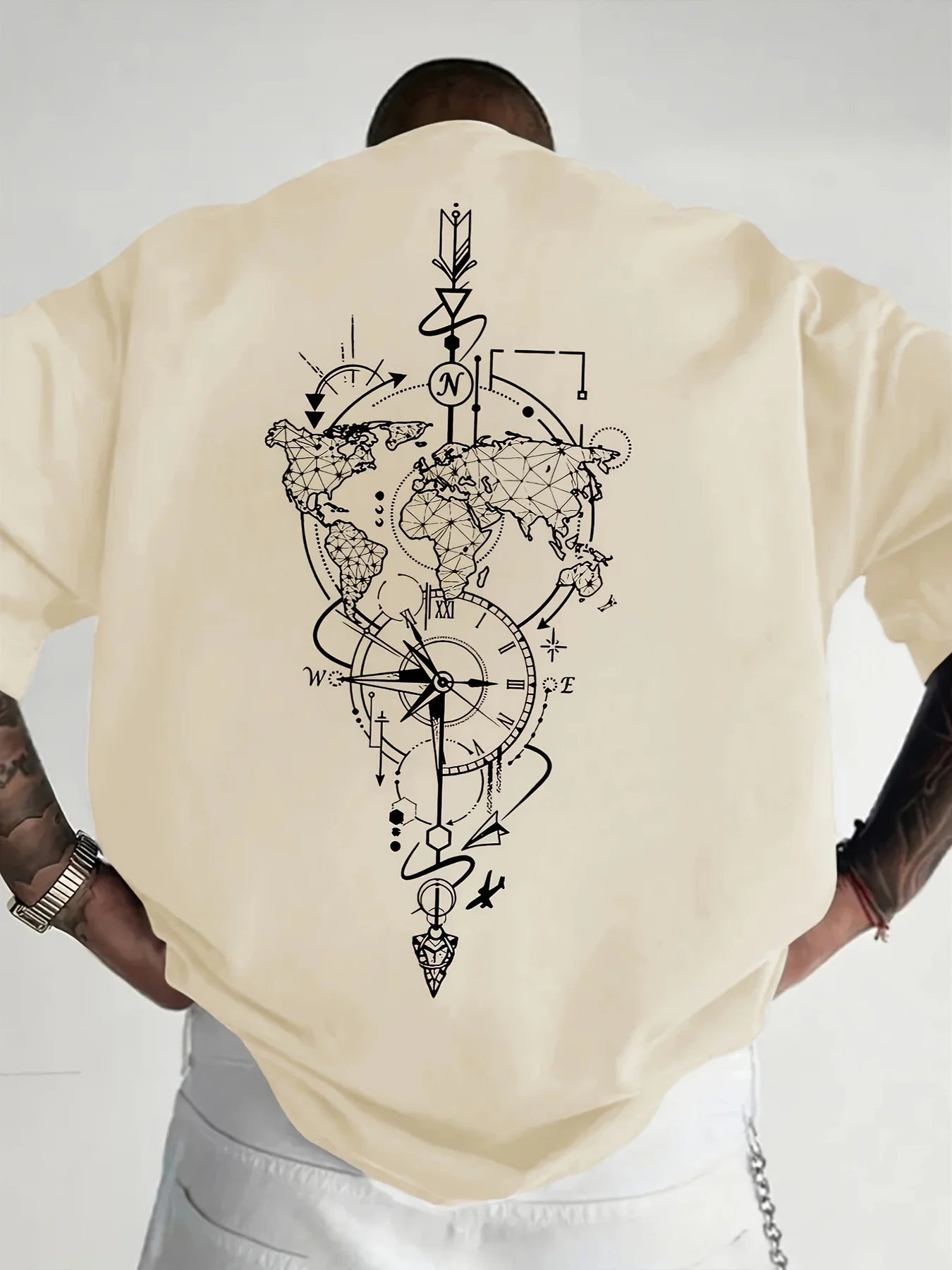 Vintage Nautical World Map Compass Print on Premium Soft 100% Cotton Mens T Shirt Perfect for Summer Casual Streetwear Style