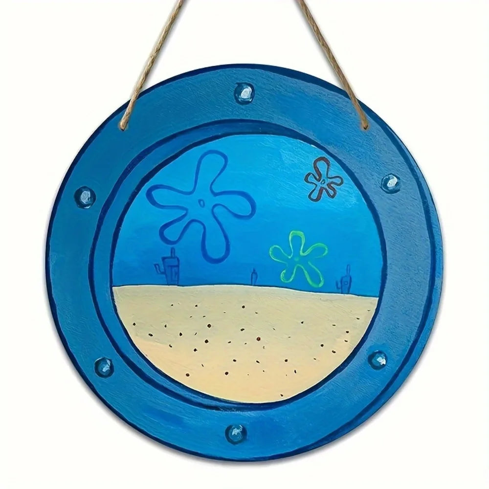 Cartoon Jellyfish Underwater Round Metal Tin Sign, High Definition Iron Painting, Nautical Themed Window View Wall Decor, Waterp