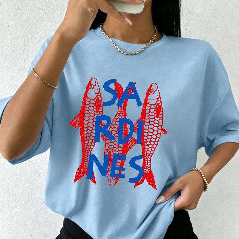 Women's White Oversized T-Shirt Red Lobster & Blue Stripes Print Casual Short Sleeve Tee Summer Beach Nautical Crew Neck Top
