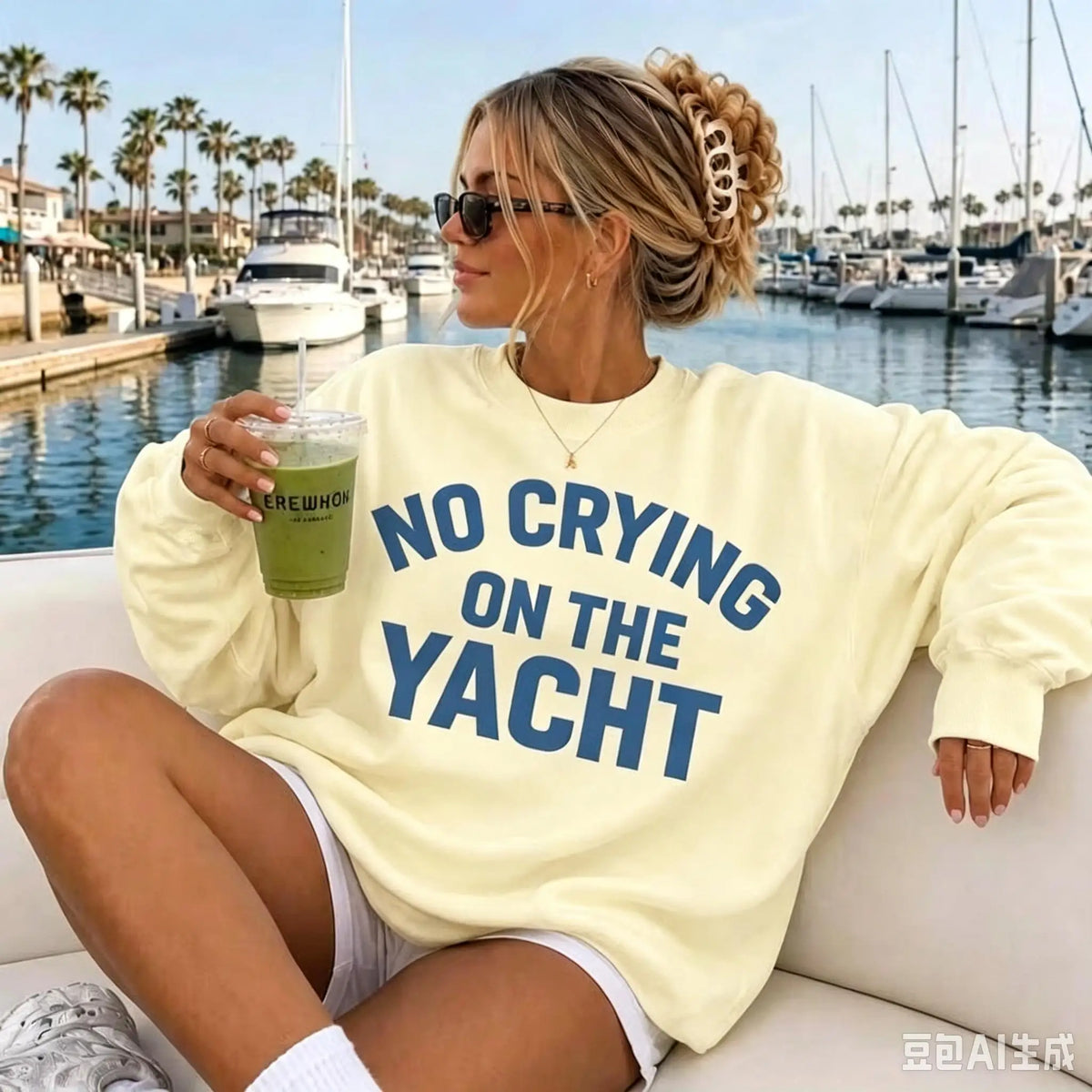 Oversized Crewneck Sweatshirt, Retro Millennium‑Style "No Crying On The Yacht" Lake Life Graphic Print Pullover, Cute Long‑Sleeve Tops For Summer Fall Women Daily Wear