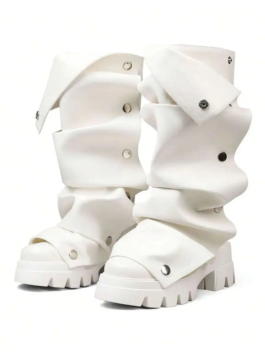 Women Mid Calf Boots Platform Heels Ruch Boots Knee High Fold Over Chunky Heel Short Booties Round Toe Pull-On Shark Boot Daily