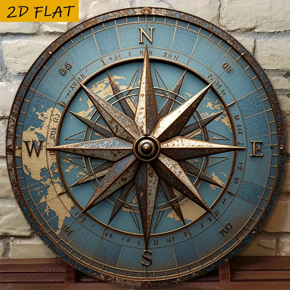 2D Flat, 1pc Vintage Compass Wall Art - Antique  Device Metal Sign, Round 20.32cm/8in Aluminum Rustic Nautical