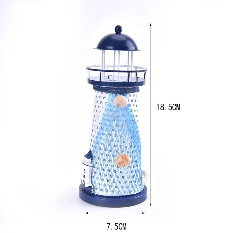 Nautical Ocean Flash Lighthouse Fishing Net Starfish Shell Metal Beacon Tower Ornaments Figurines Crafts Home Decor