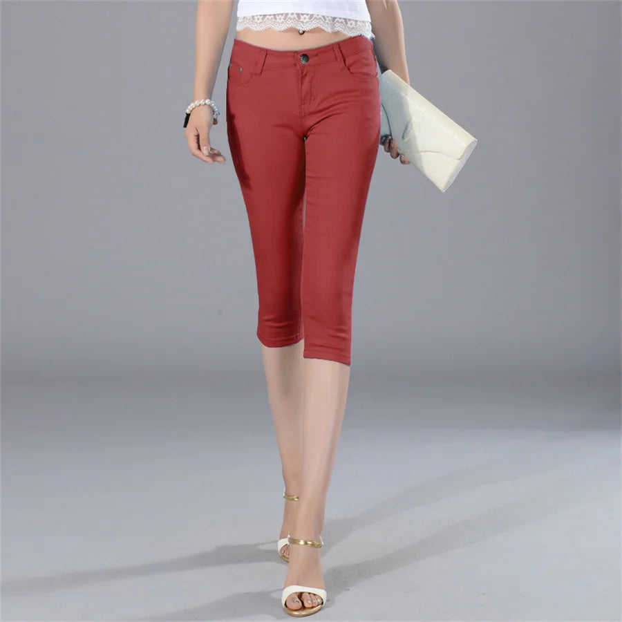 Women Color Capris Pants Stretchy Comfy Skinny Cropped Jeans Pants Button Front Casual Breathable