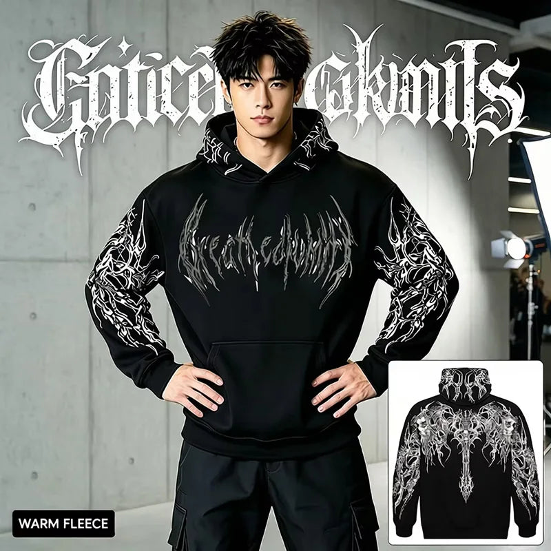 2025 Men's Gothic Skull Thorn Print Hoodie Fleece Lined Winter Streetwear Sweatshirt Casual Warm Pullover Tops for Daily Wear