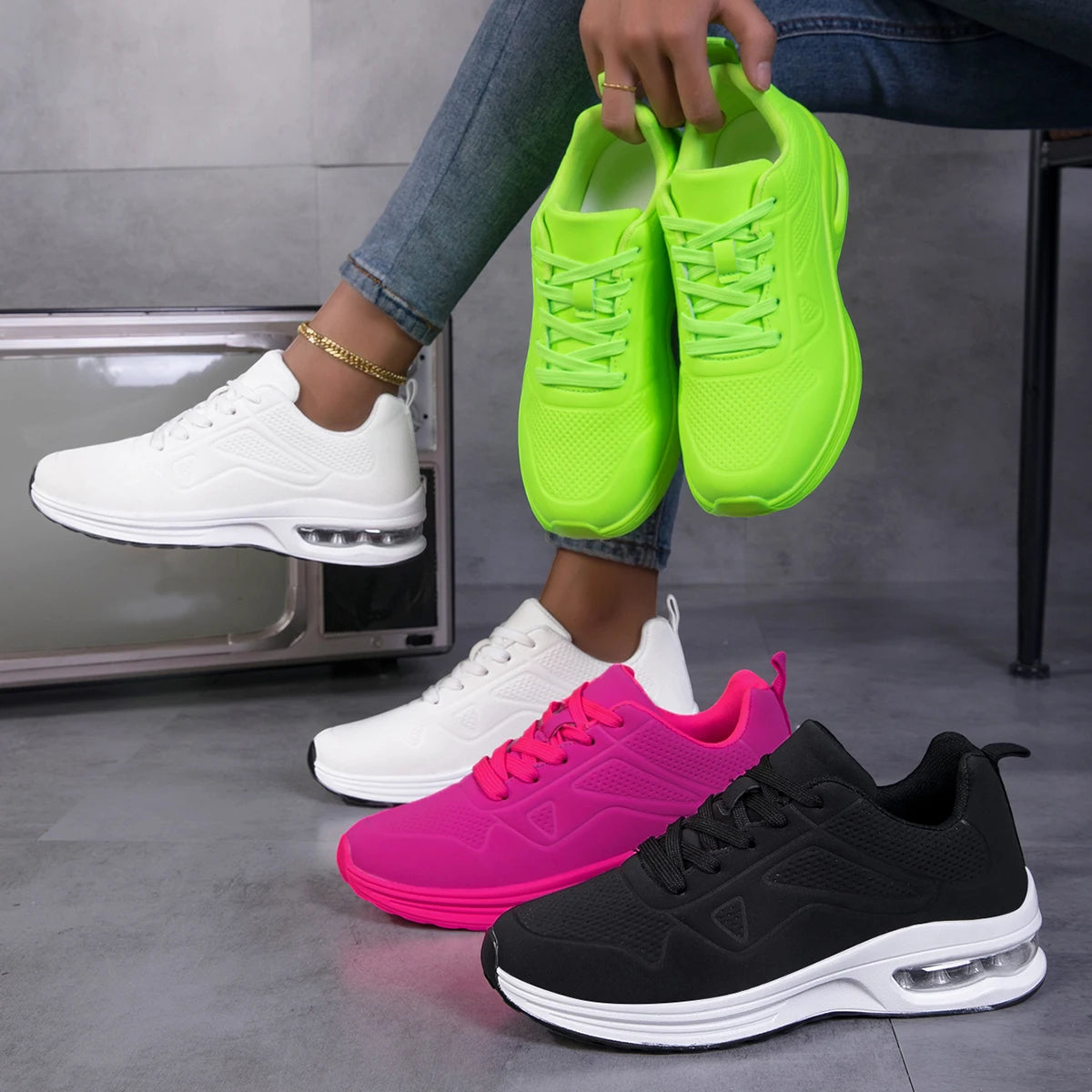 Women Solid Color Air Cushion Walking Sneakers Breathable Soft Upper Shock Absorb Non Slip Lace Up Lightweight Sports Shoes Gym Jogging Travel Daily Casual Running Footwear 2026 New