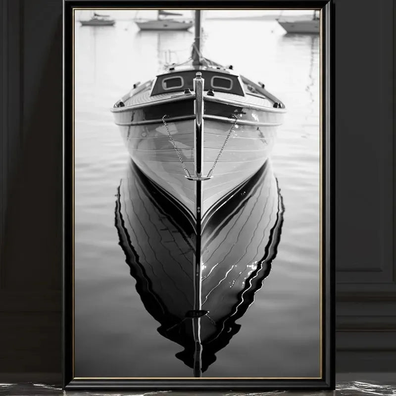 Black White Sailing Boat Canvas Wall Art Nautical Ocean Yacht Poster Set Coastal Style Living Room Bedroom Home Wall Decor
