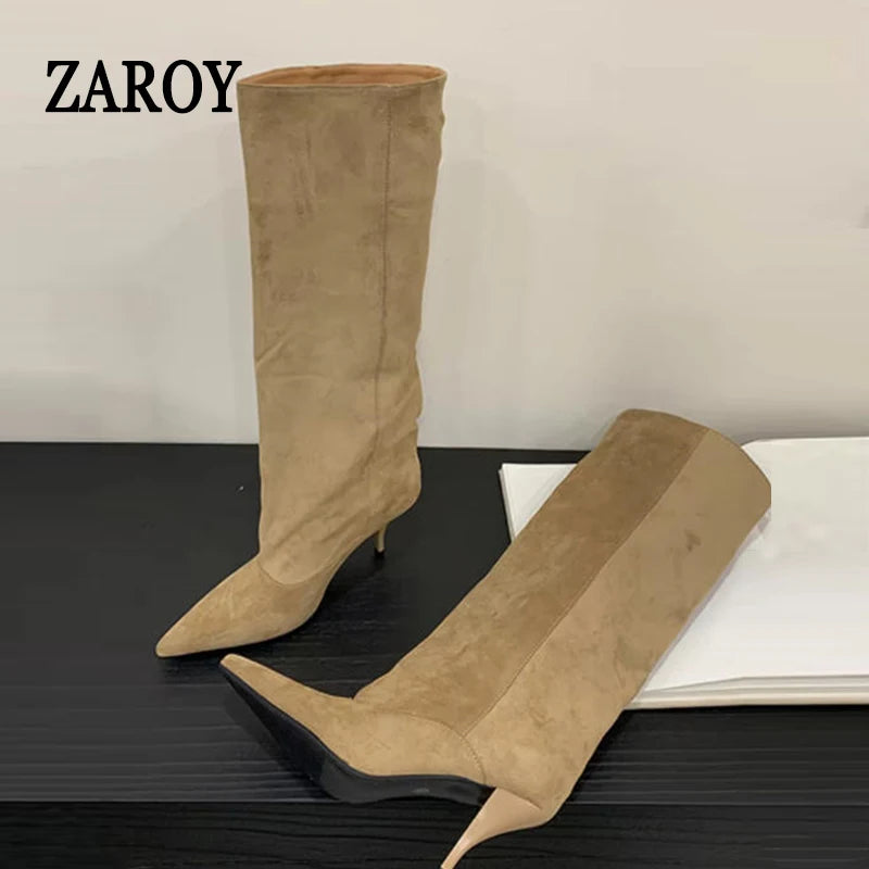 ZAROY Knee High Women Boots Winter Warm Snow Boots Sexy Thin High Heel Point Toe Suede Long Boots Brand Designer Banquet Booties