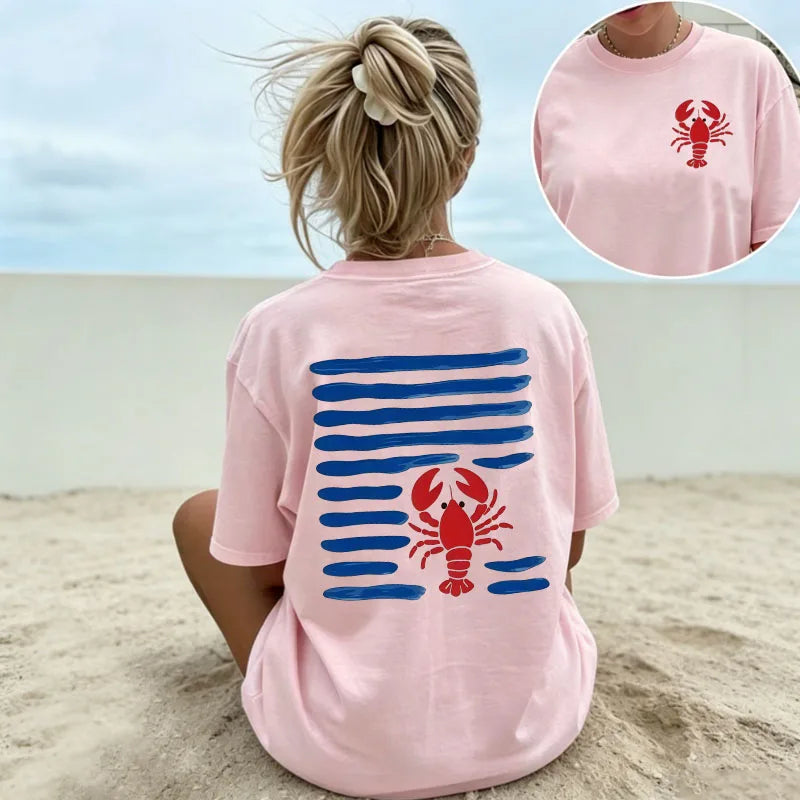 Women's White Oversized T-Shirt Red Lobster & Blue Stripes Print Casual Short Sleeve Tee Summer Beach Nautical Crew Neck Top