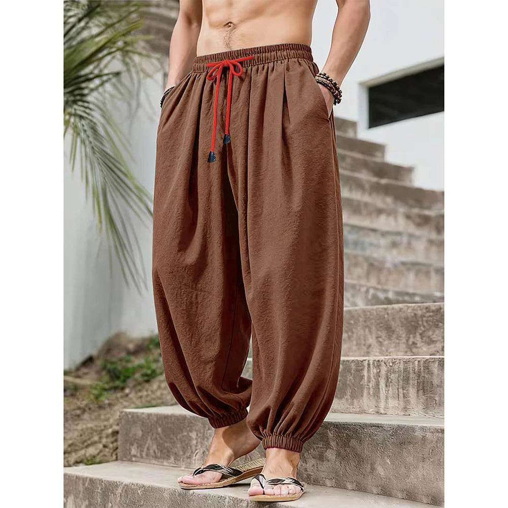 Men's Cotton Linen Wide Leg Pants Casual Loose Fit Solid Color Breathable Lightweight Elastic Waist Male Baggy Long Pants