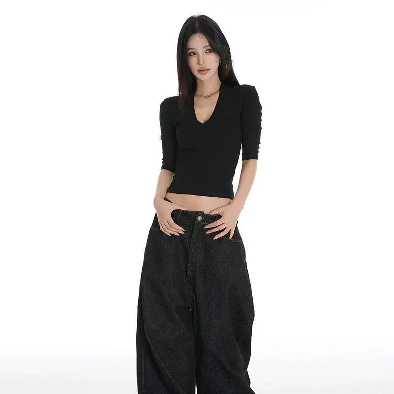 Women's Y2K Black V-Neck Drop Shoulder Short Sleeve Crop T-Shirt Summer Slim Fit Unique Casual Tee Tops Pro Choice Women Clothes