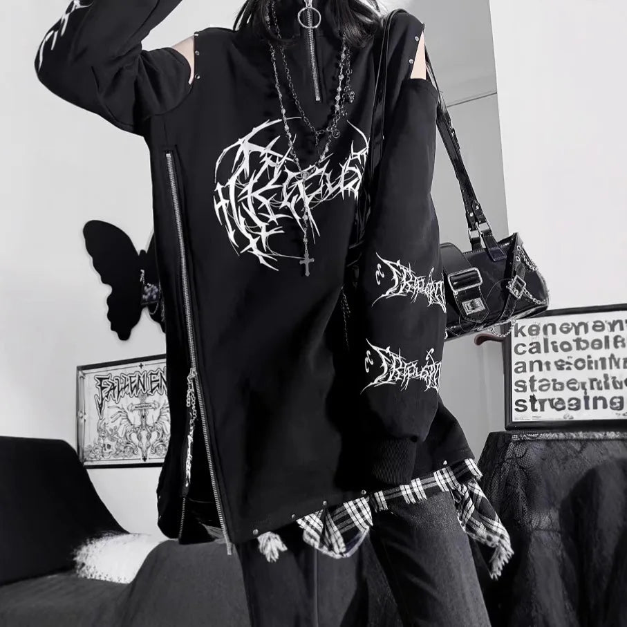 Two-Dimensional Dark Print Subculture Punk Long-Sleeved Loose Bf Style Off-Shoulder Sweatshirt with Zipper Design for Spring