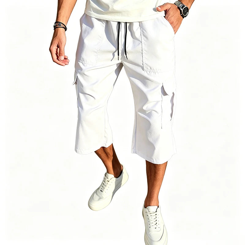 2026 New Men Multi Pocket Cargo Capri Shorts Loose Fit Daily Street Travel Outdoor Casual Drawstring Waist Cropped Short Pants