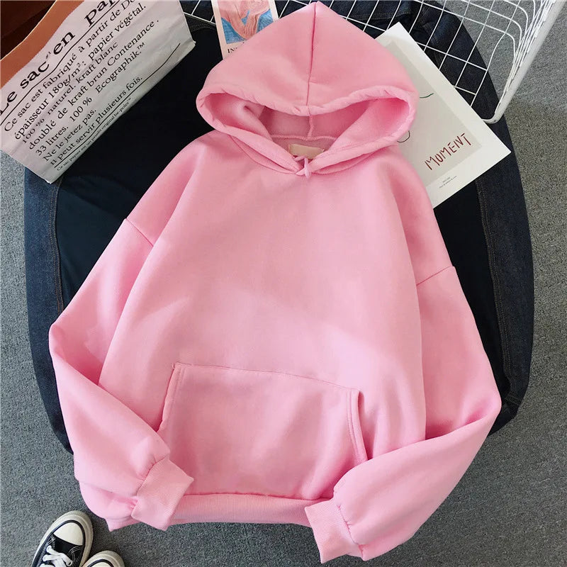 2024Autumn Casual Women's Solid Hoodie Comfortable Strecth Sweatshirts Loose Pocket Warm Clothes Fashion Street Female Pullovers