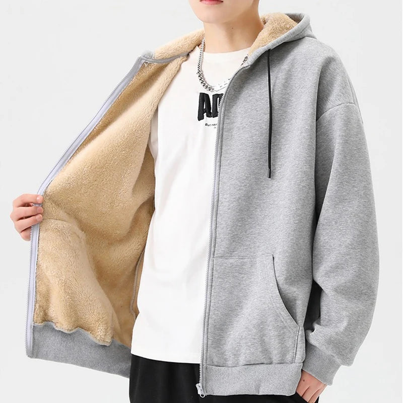 1pcs Mens Zipper Hoodies Autumn Winter Womens Thick Velvet Long Sleeve Hooded Sweatshirt Fashion Casual Couple Outfit Sportwears
