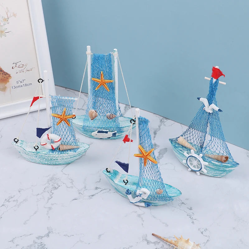 1PC 15CM Ornaments Party Home Decoration New Mediterranean Style Marine Nautical Wooden Blue Sailing Boat Ship Wood Crafts