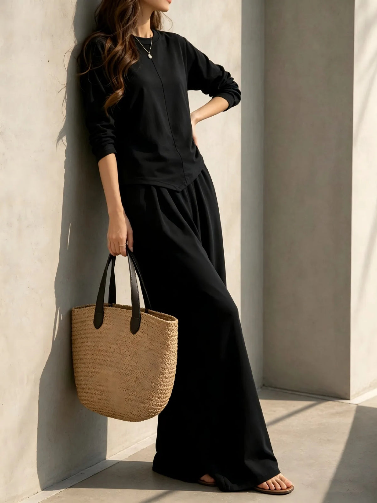 Women 2 Piece Outfit Set, Long Sleeve Irregular Hem Crewneck Top & Elastic Waist Wide Leg Pants, Casual Loose Matching Loungewear For Daily Travel