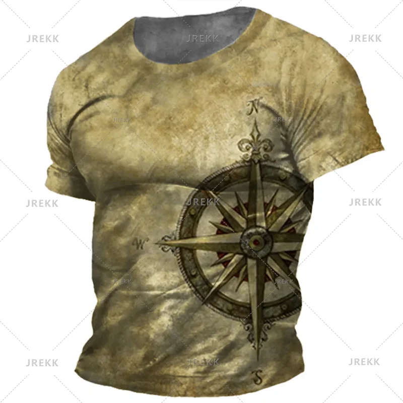 Vintage Nautical Map Compass Printing T Shirts Summer Daily Men Loose Short Sleeve Male Tees Casual Tops Unisex Clothing Apparel