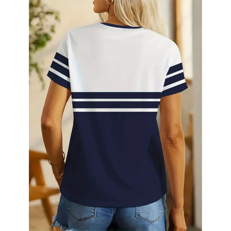2026Fashionable women's nautical styleTShirt，round Neck Short Sleeve，With anchor print pattern，Casual striped top