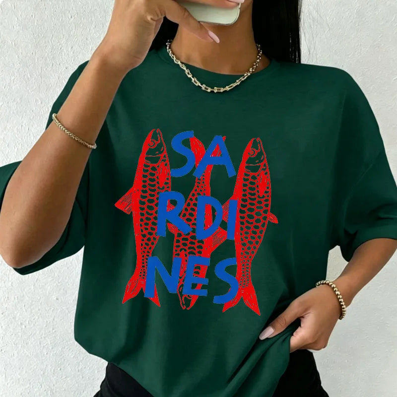 Women's White Oversized T-Shirt Red Lobster & Blue Stripes Print Casual Short Sleeve Tee Summer Beach Nautical Crew Neck Top