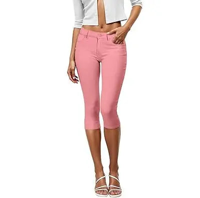 Women Color Capris Pants Stretchy Comfy Skinny Cropped Jeans Pants Button Front Casual Breathable