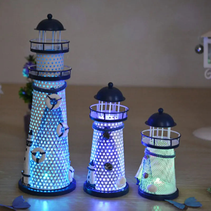 Nautical Ocean Flash Lighthouse Fishing Net Starfish Shell Metal Beacon Tower Ornaments Figurines Crafts Home Decor