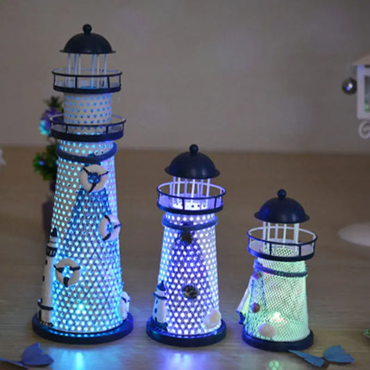 Nautical Ocean Flash Lighthouse Fishing Net Starfish Shell Metal Beacon Tower Ornaments Figurines Crafts Home Decor