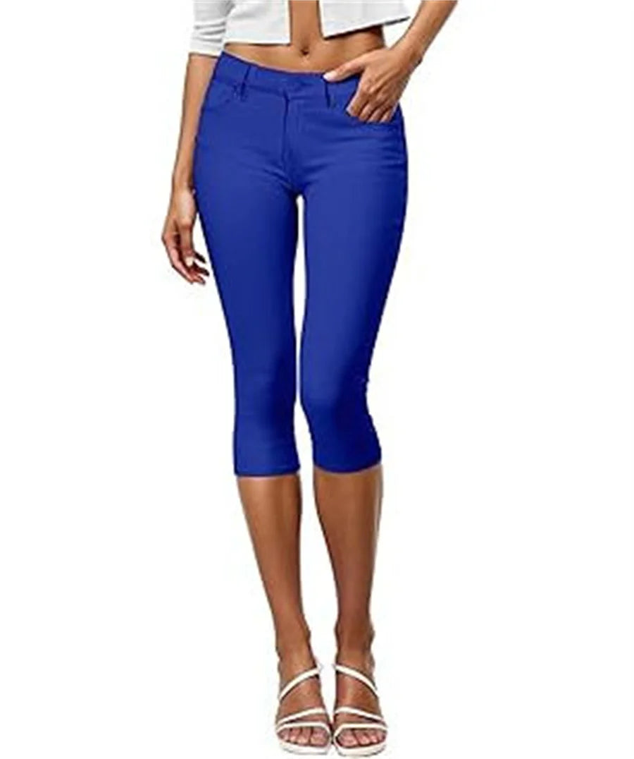 Women Color Capris Pants Stretchy Comfy Skinny Cropped Jeans Pants Button Front Casual Breathable