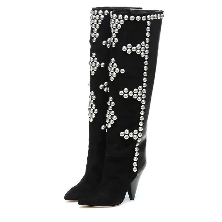 Rivets Studed Women Over The Knee High Boots Long Boots Flock Leather Patchwork High Heel Pointed Toe Runway Bota Black Beige