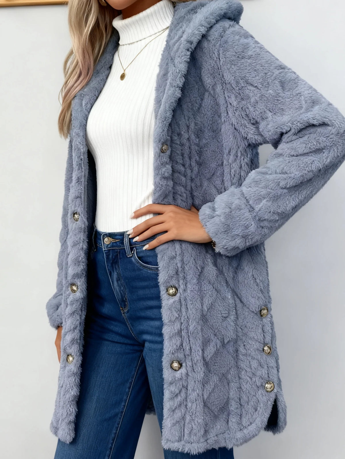 Women Winter Fleece Cable Knit Hooded Cardigan Coat Casual Long Sleeve Button Down Warm Sherpa Plush Outerwear Tops
