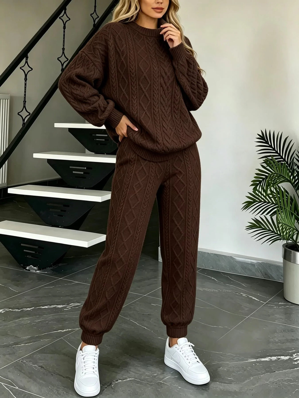 Women Cable Knit 2‑Piece Outfit O‑Neck Long Sleeve Sweater Tops Jogger Pants Set Loose Casual Loungewear Knitted Tracksuit For Daily Wear