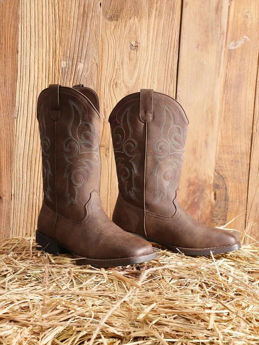 Women's Cowboy Boots Embroidered Square Toe Chunky Low Heel Mid Calf Cowgirl Western Fashionable For Theme Party Country