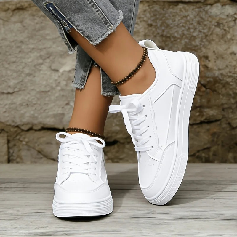 Women White Platform Sneakers 2026 New Fashion Lace Up Skate Shoes Ladies Light Soft Leather Casual Walking Shoes Non Slip Flat Sole All Match Daily Outdoor Comfy Versatile White Trainer Footwear Trendy Minimalist Basic White