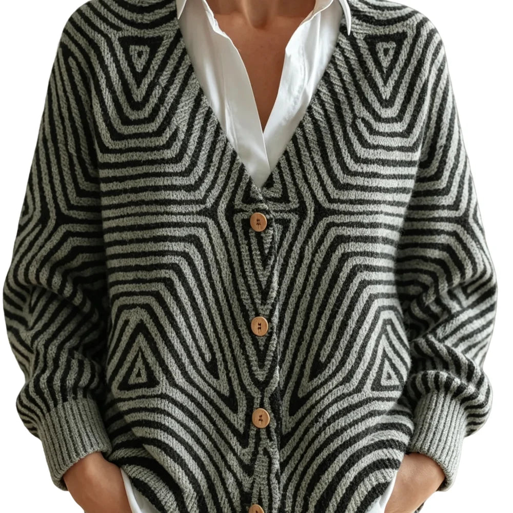 Women's Printed Knitted Cardigan, Featuring a Retro Ethnic Style Design with Diagonal Geometric Patterns, Is Suitable for Daily Casual Wear in Spring, Autumn and Winter.