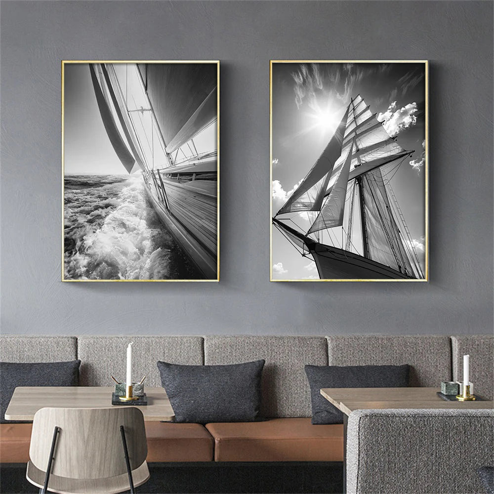 Black White Sailing Boat Canvas Wall Art Nautical Ocean Yacht Poster Set Coastal Style Living Room Bedroom Home Wall Decor