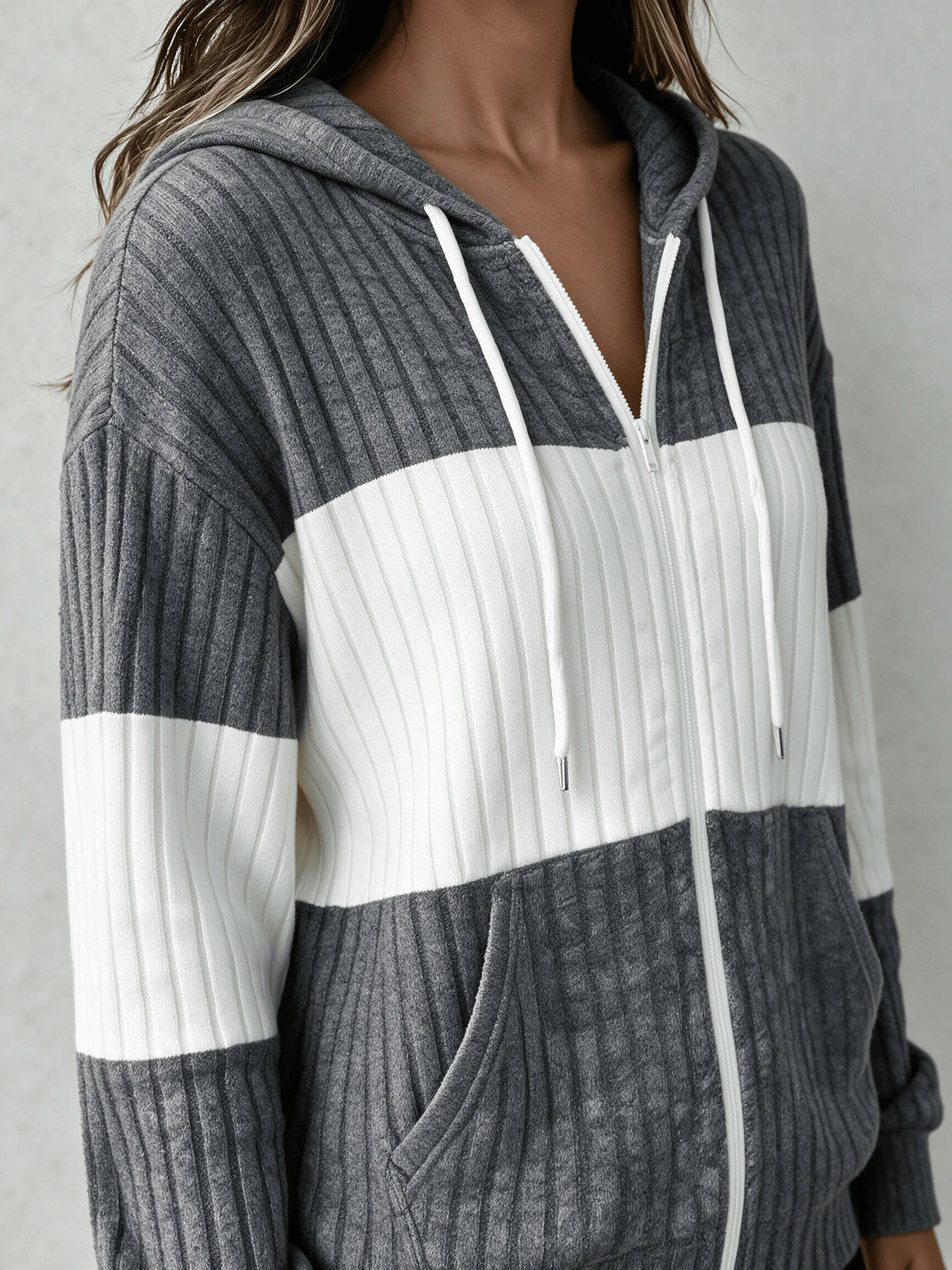 Women Color Block Zip Up Hooded Knit Cardigan Long Sleeve Drawstring Hoodie Casual Loose Fit Outerwear Jacket For Daily Wear