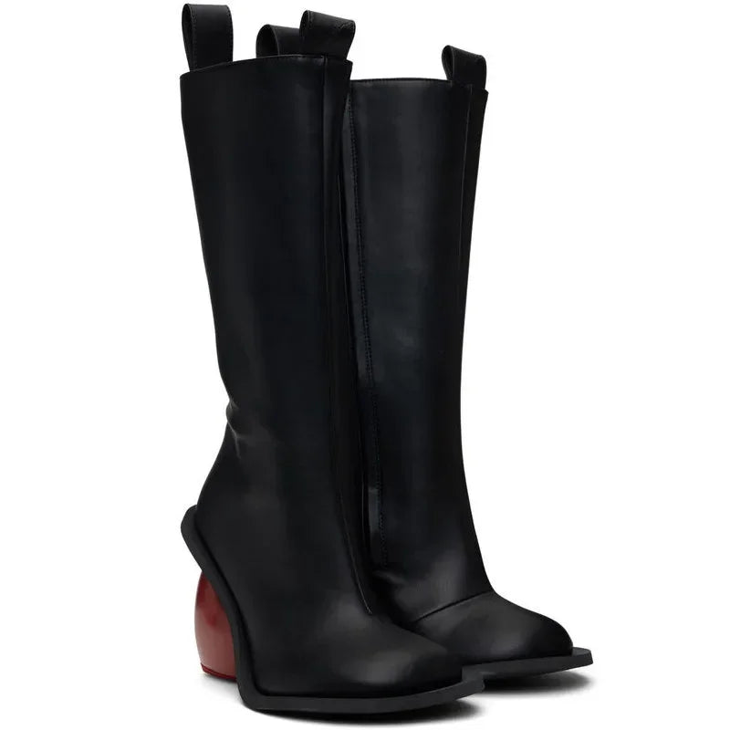 New Retro Sexy Round Toe Peach Heart Heel Side Zipper Knee High Boots European American Fashion Show Color Blocked Women's Boots
