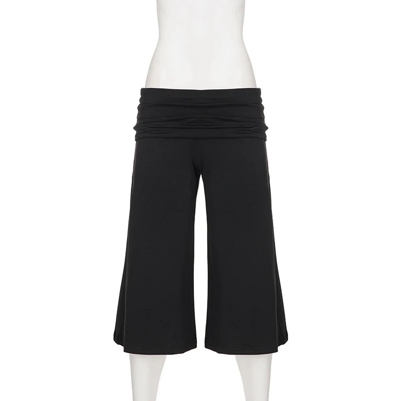 SUCHCUTE Women Fold Over Low Waist Knit Capri Pants Wide Leg Cropped Culottes Loose Flowy 7/8 Trousers Y2K Casual Streetwear New