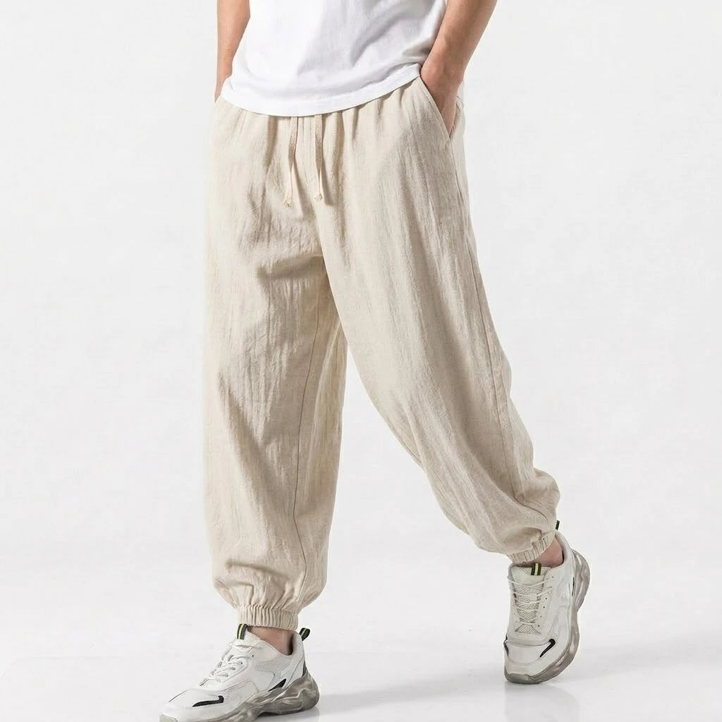 Mens Cotton Linen Harem Trousers Spring Summer Drawstring Loose Baggy Bottoms Casual Streetwear Pants for Gym Daily Work