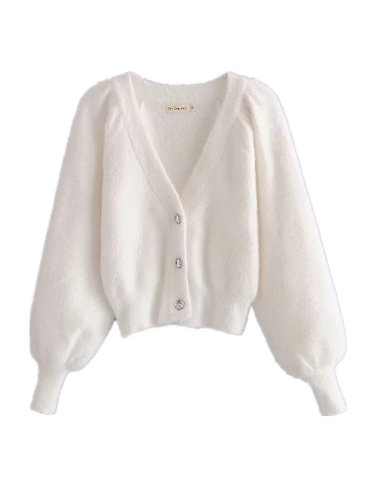 Vintage Set Shaggy Korea Style White Cardigan Furry Single-breasted Button Tank Top Knitted Sweater Jumper 1 Set