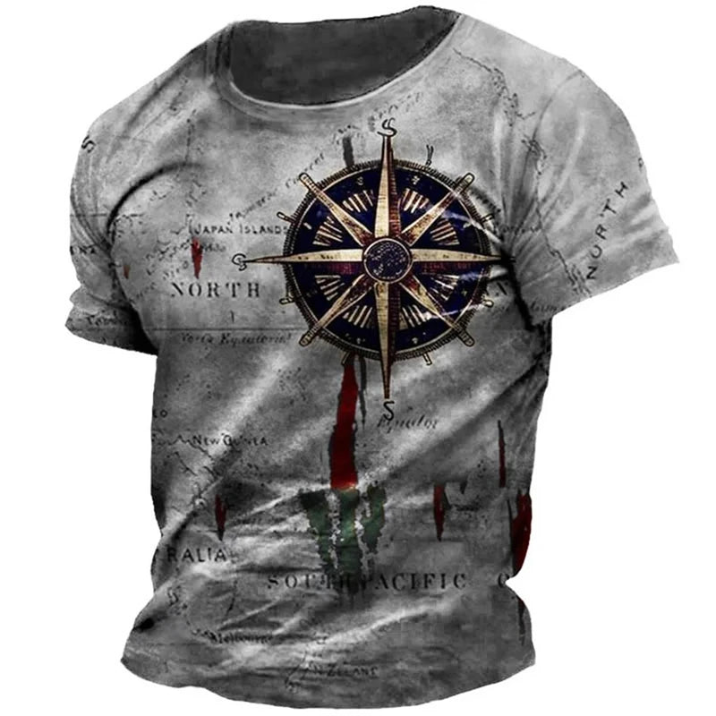 Vintage Nautical Map Compass Printing T Shirts Summer Daily Men Loose Short Sleeve Male Tees Casual Tops Unisex Clothing Apparel