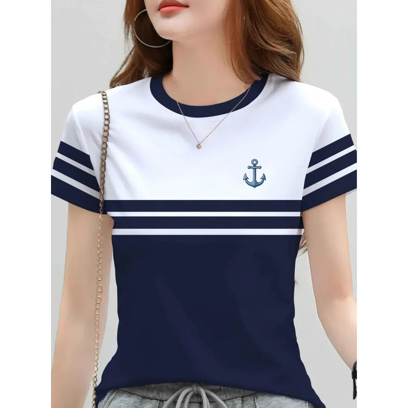 2026Fashionable women's nautical styleTShirt，round Neck Short Sleeve，With anchor print pattern，Casual striped top