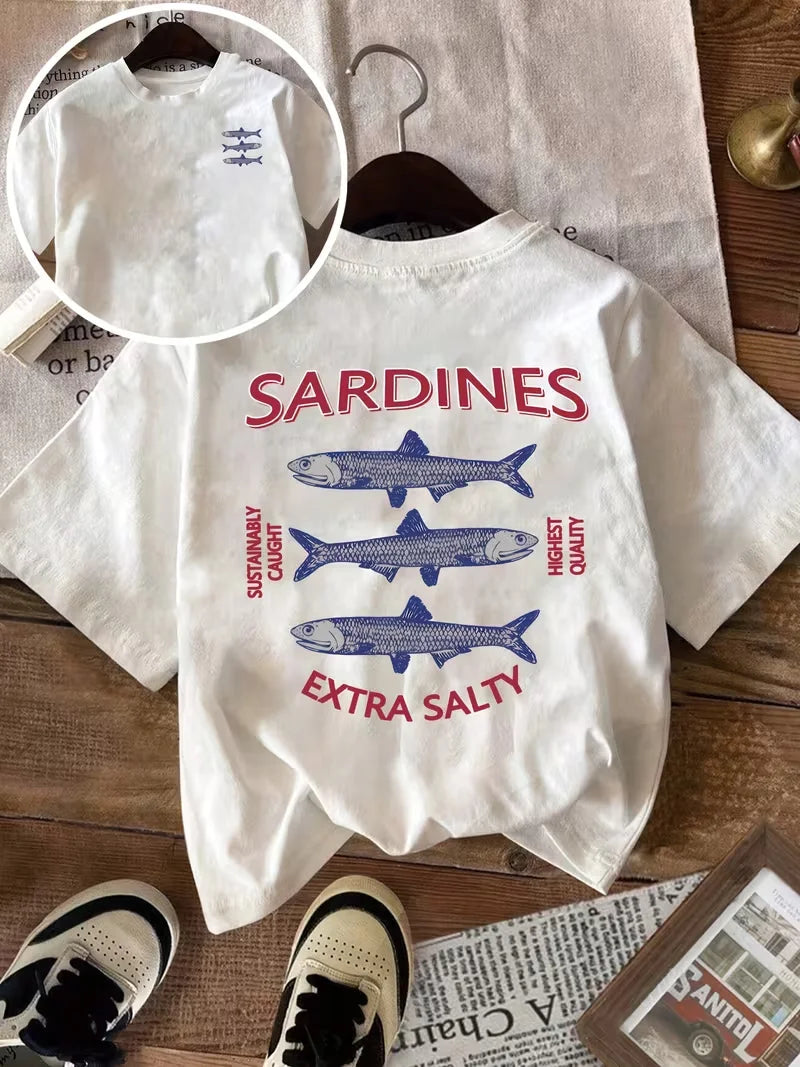 Women's Vintage Nautical Sardine Print T-Shirt, Double-Sided Graphic Casual Round Neck Short Sleeve Top for Spring Summer Fall
