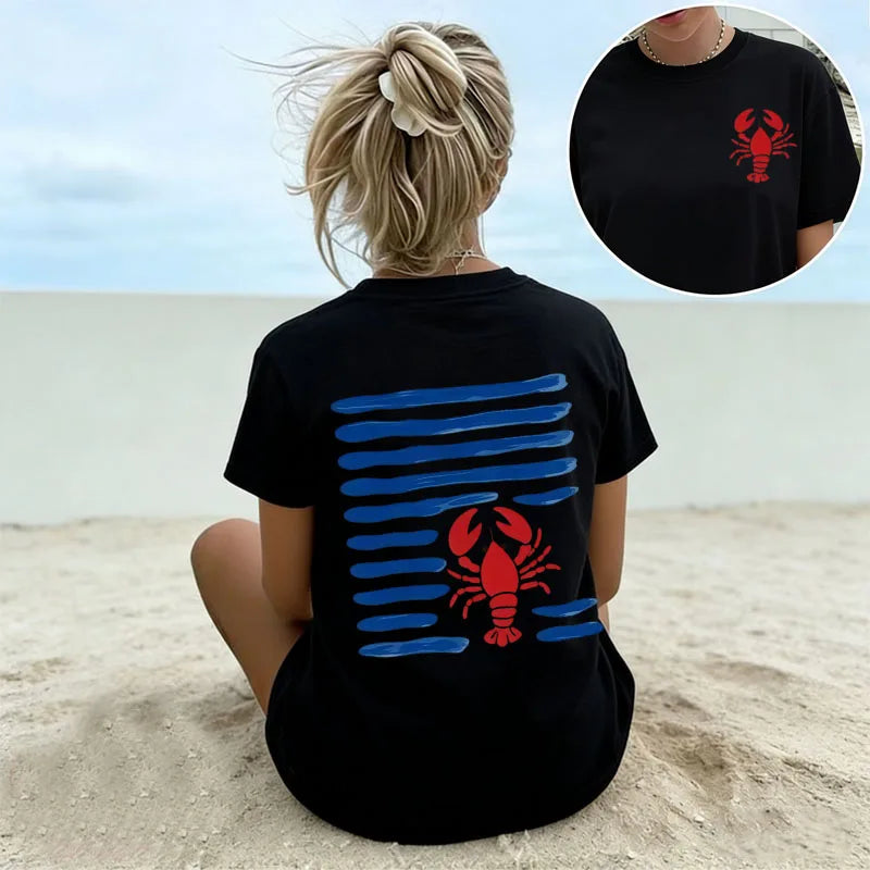 Women's White Oversized T-Shirt Red Lobster & Blue Stripes Print Casual Short Sleeve Tee Summer Beach Nautical Crew Neck Top