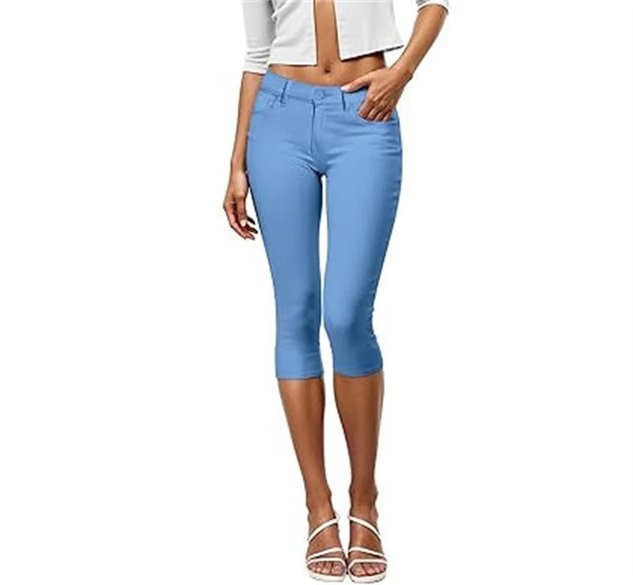 Women Color Capris Pants Stretchy Comfy Skinny Cropped Jeans Pants Button Front Casual Breathable