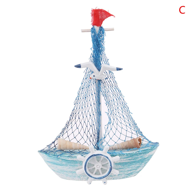 1PC 15CM Ornaments Party Home Decoration New Mediterranean Style Marine Nautical Wooden Blue Sailing Boat Ship Wood Crafts