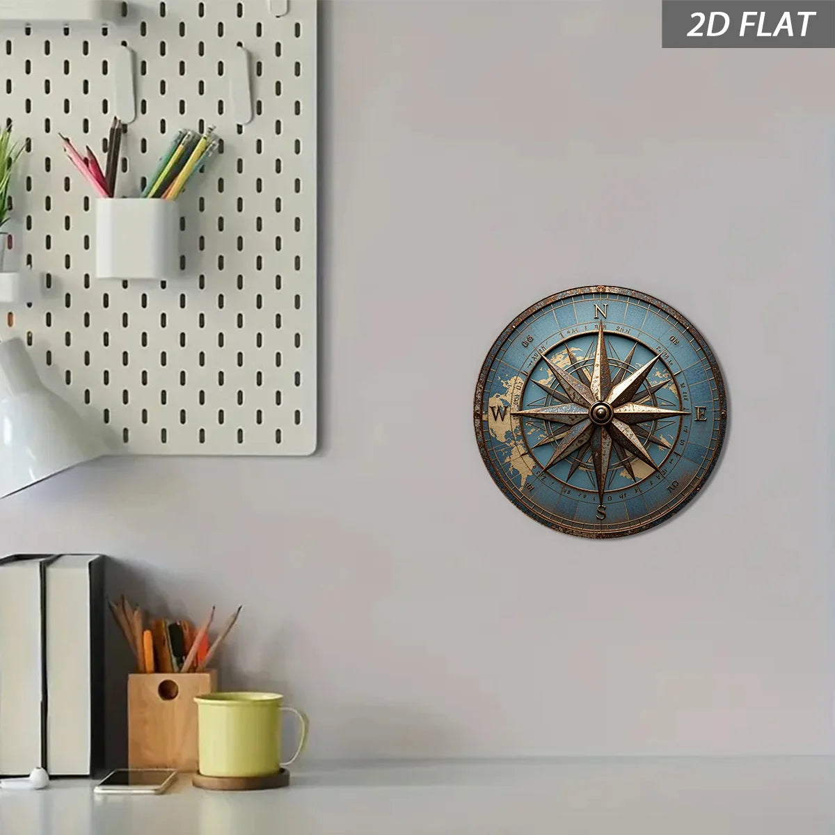 2D Flat, 1pc Vintage Compass Wall Art - Antique  Device Metal Sign, Round 20.32cm/8in Aluminum Rustic Nautical