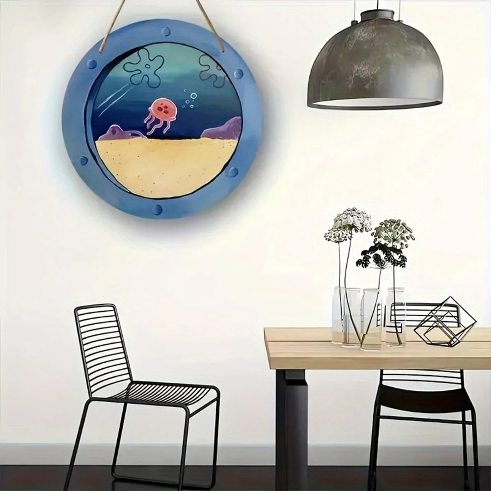 Cartoon Jellyfish Underwater Round Metal Tin Sign, High Definition Iron Painting, Nautical Themed Window View Wall Decor, Waterp