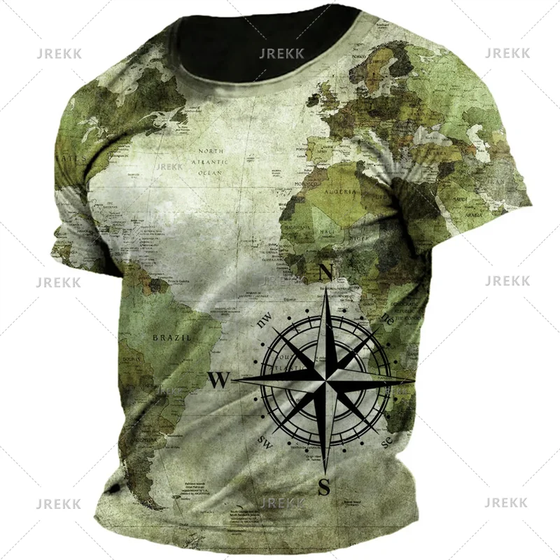 Vintage Nautical Map Compass Printing T Shirts Summer Daily Men Loose Short Sleeve Male Tees Casual Tops Unisex Clothing Apparel
